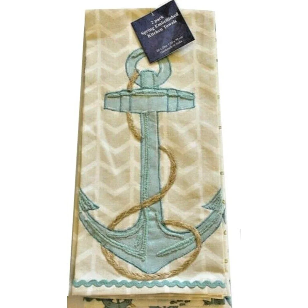 Nautical Kitchen Dish Towels Embroidered Decorative Anchors 100% Cotton Set of 2